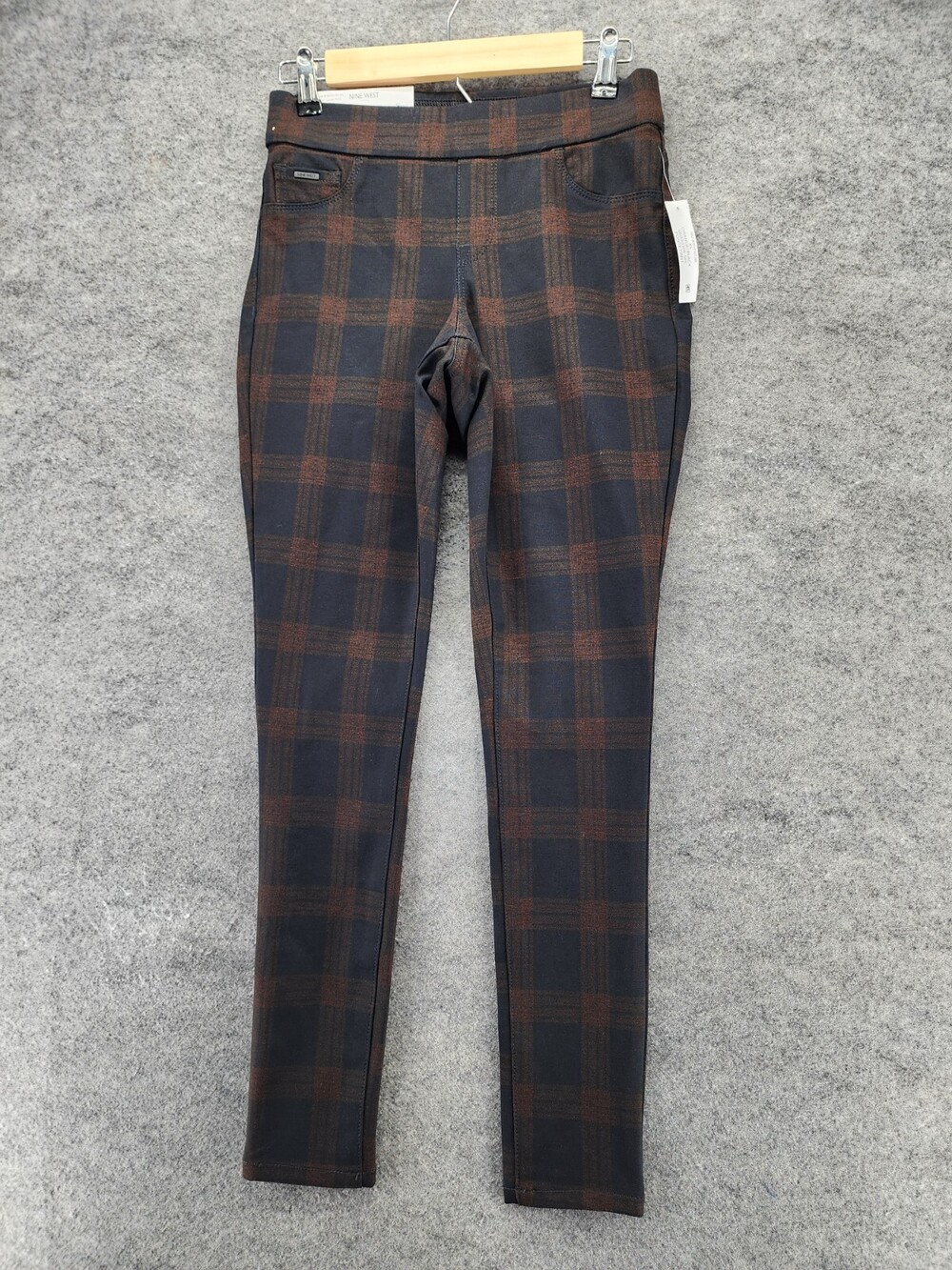 Nine West Pants Womens XS Heidi Pull On Skinny Black Brown Plaid